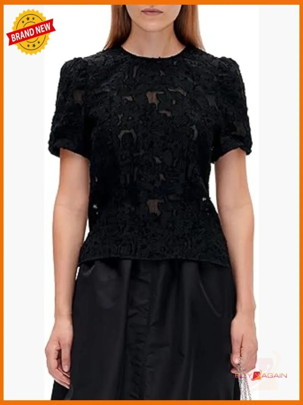 Short Sleeve Jacquard Blouse, Semi-Sheer Lace Pattern, Button Back Closure